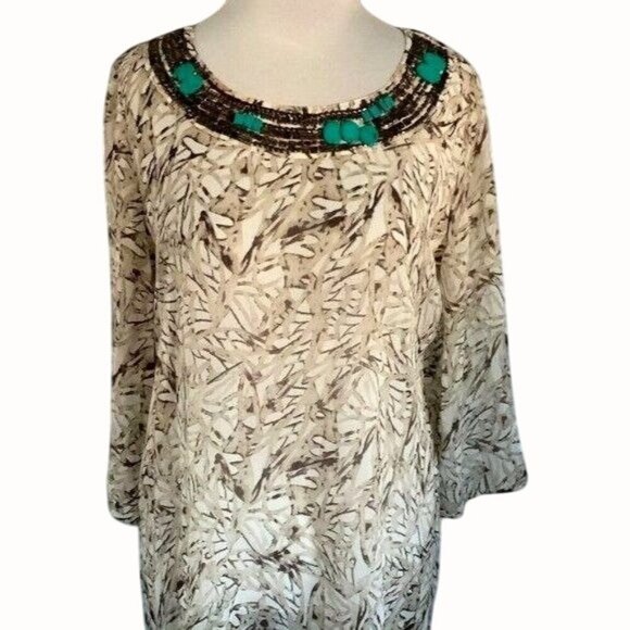 Chicos Womens Round Beaded Neck Quarter Sleeve Tan Geometric Sheer Blouse Medium - Picture 1 of 10